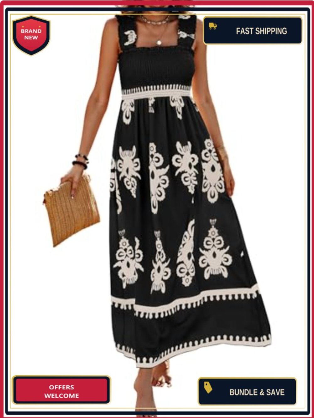 Boho Floral Maxi Dress Sleeveless Square Neck Smocked A-Line with Pockets Flowy